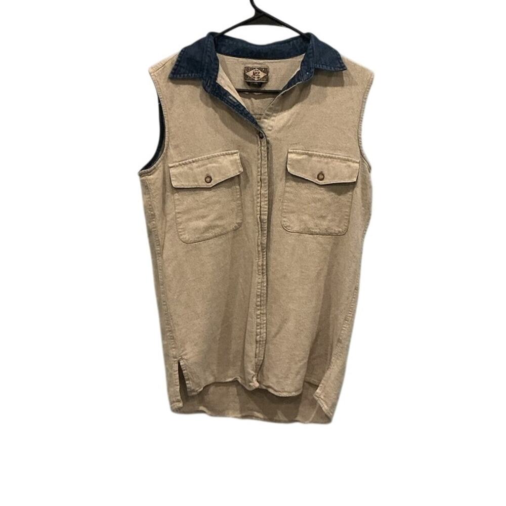Vtg 90s  Express Womens Sleeveless Linen Blend Button Up Tunic Top‎ Denim Collar